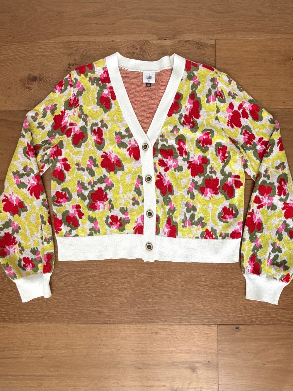 CAbi High Five Floral Cardigan Jacquard Button Front V-Neck Medium Cottagecore